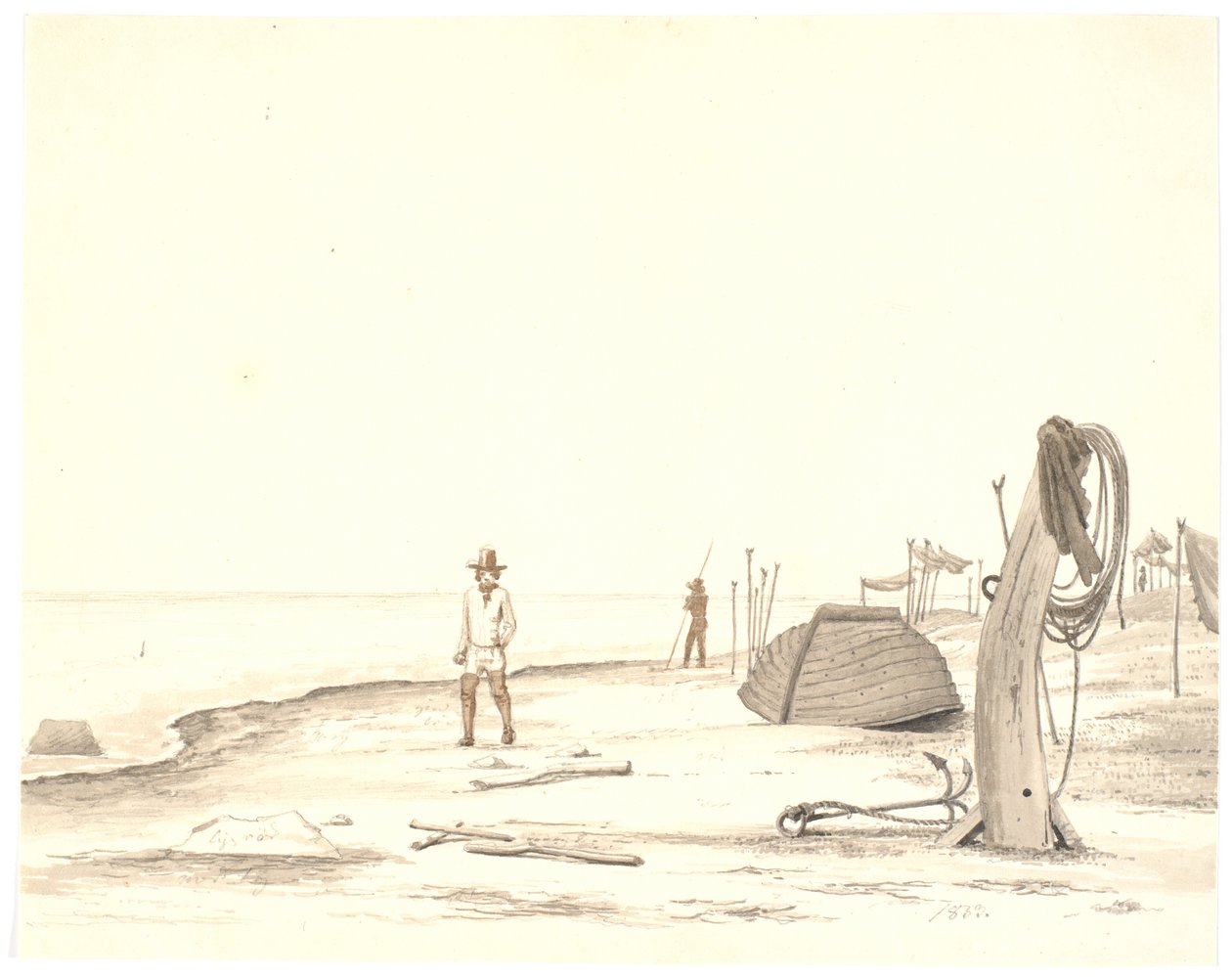 Strandscene med omvendt båt og to fiskere av Martinus Rørbye