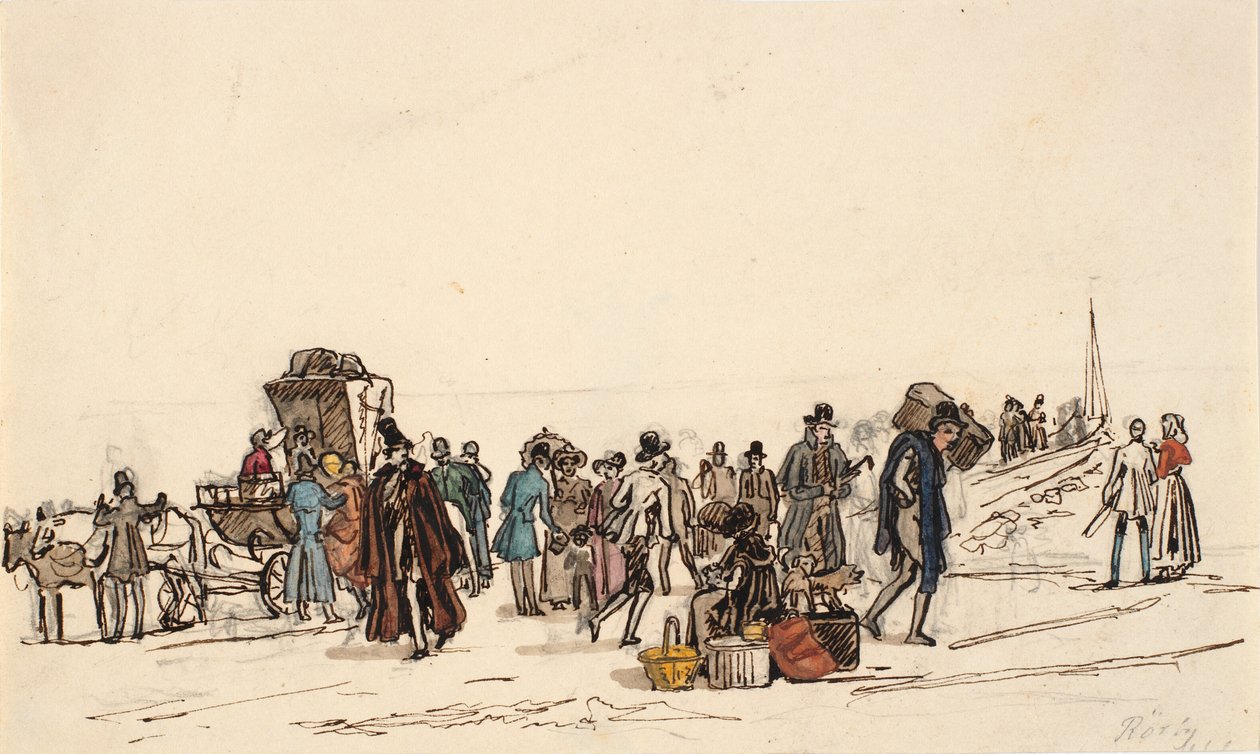 Studie for "Skipsbroen ved Horten i Christiania Fiorden" av Martinus Rørbye