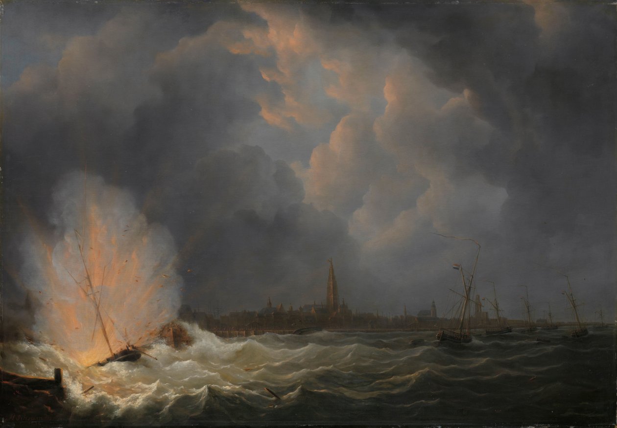 Eksplosjonen av Gunboat nr 2, under kommando av Jan van Speijk, utenfor Antwerpen, 5. februar 1831 av Martinus Schouman