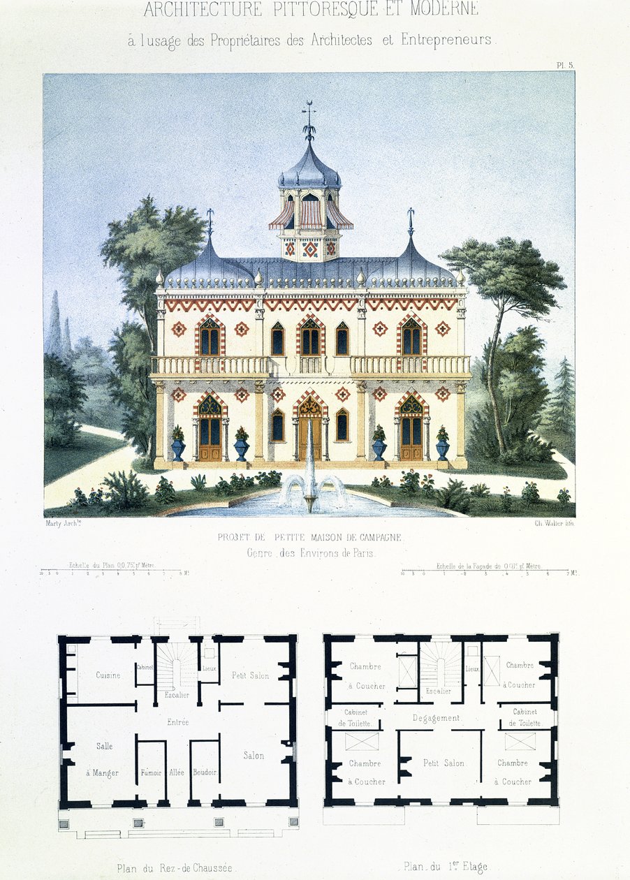 Prosjekt for et lite landsted nær Paris, gravert av Walter, plate 5 fra Architecture Pittoresque et Moderne av Marty