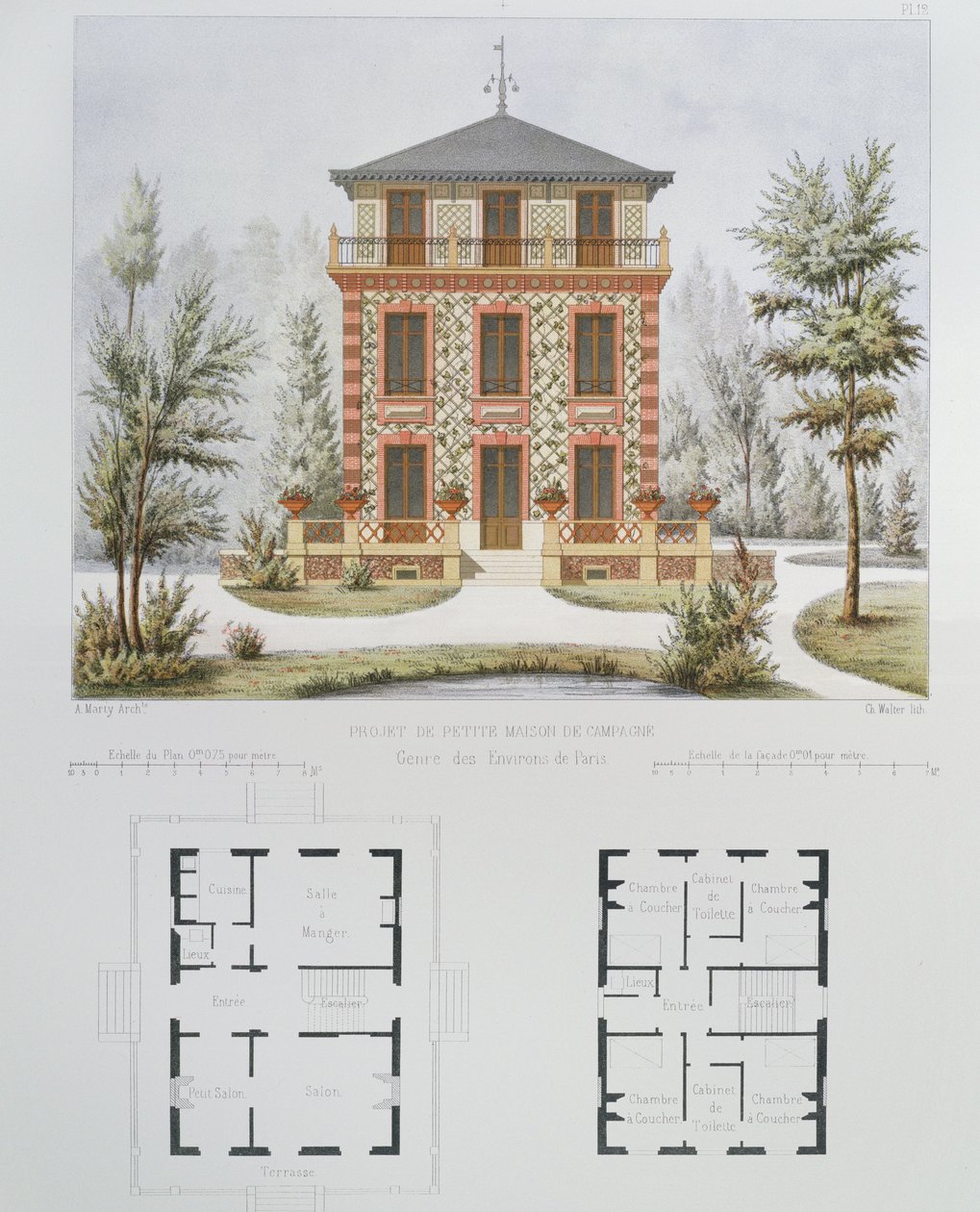 Prosjekt for et lite landsted nær Paris, gravert av Walter, plate 18 fra Architecture Pittoresque et Moderne av Marty