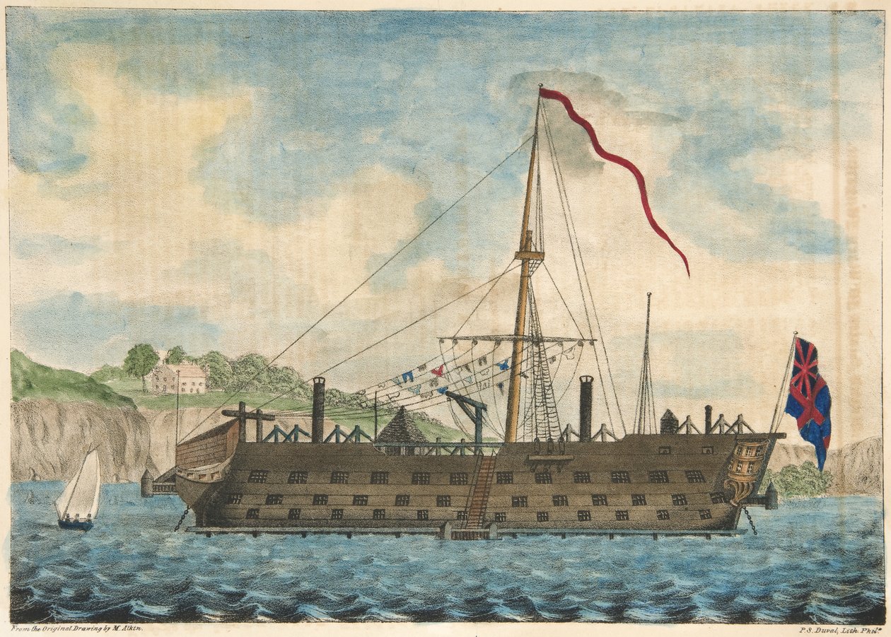 Prison Ship Saratoga utenfor Dartmouth, pub. 1840 (håndfarget gravering) av Martyn after Alken