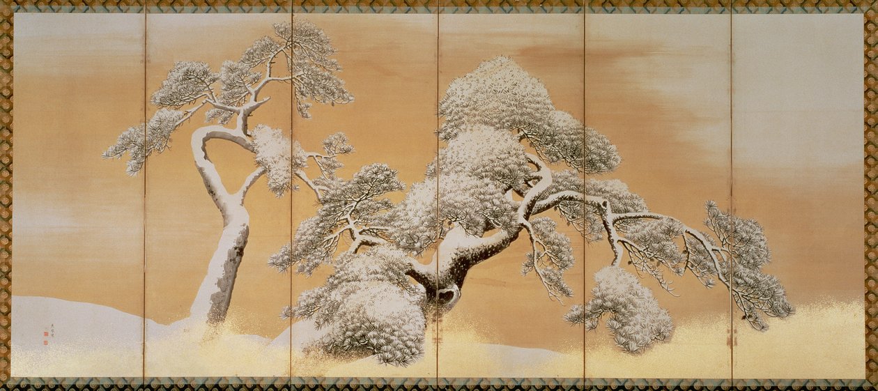 The Pines under Snow (penn og blekk, farge, gullpapir på panel) (se 216567) av Maruyama Okyo