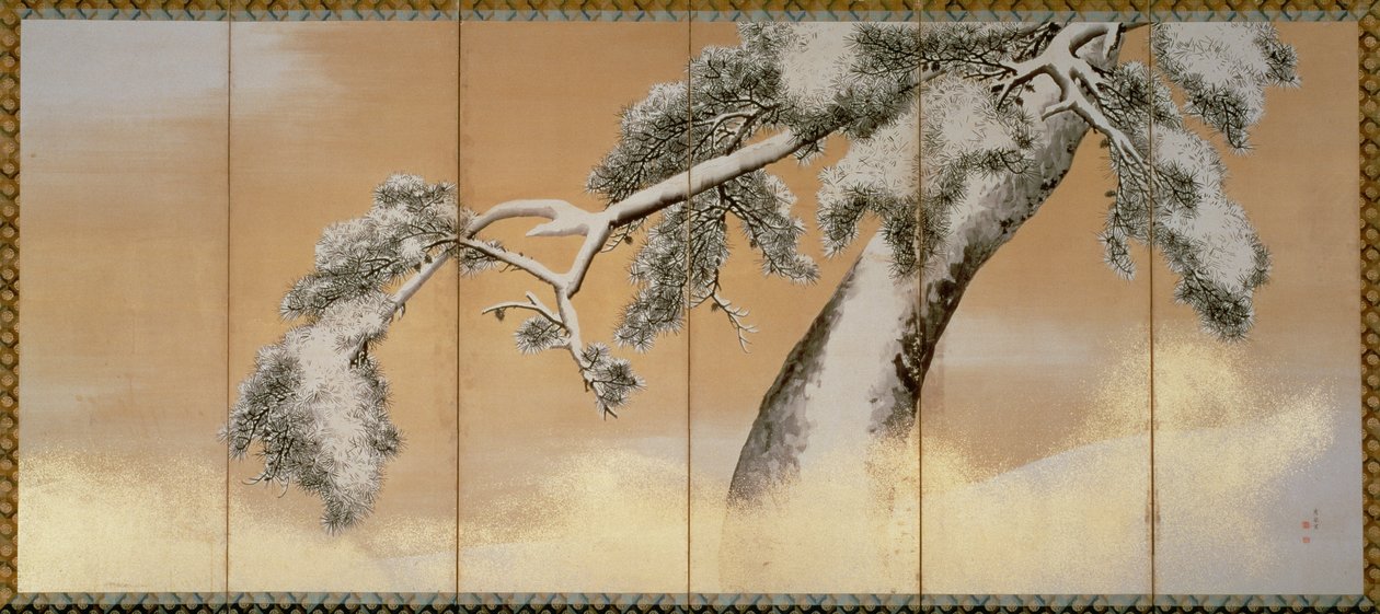 The Pines under Snow (penn og blekk, farge, gullpapir på panel) (se 216568) av Maruyama Okyo