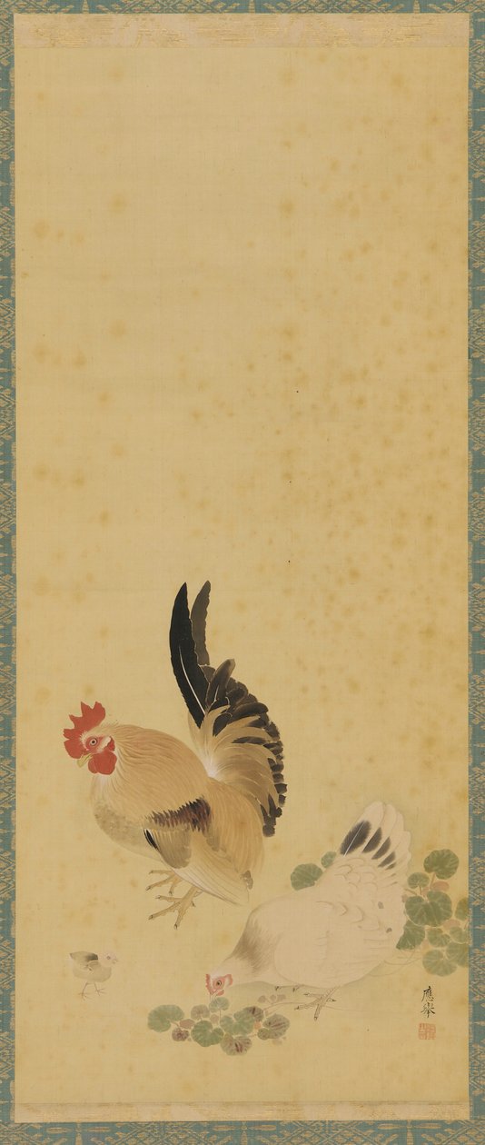 Hane, høne og kylling, Edo-perioden, 1700-tallet. av Maruyama Okyo