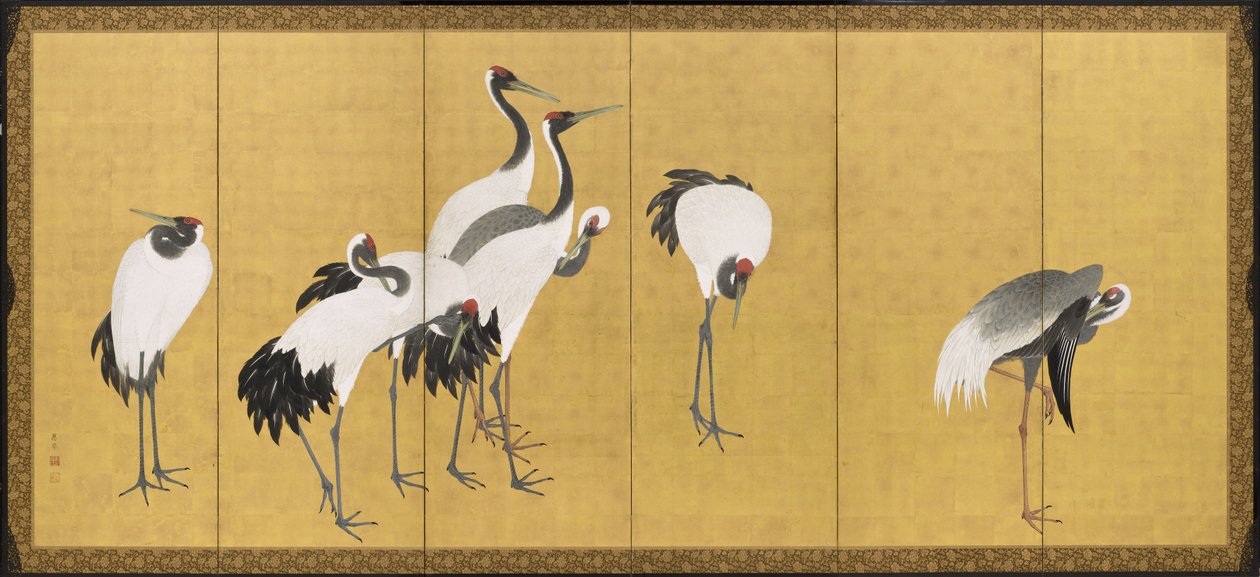 Kraner, Anei-perioden, 1772 (blekk, farge og bladgull på panel) av Maruyama Okyo