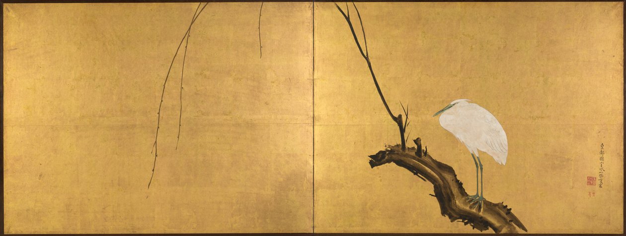 Heron on a Willow Branch, To-panels foldeskjerm, sent på 1700-tallet (blekk, farge, lakk og gull på silke) av Maruyama Okyo
