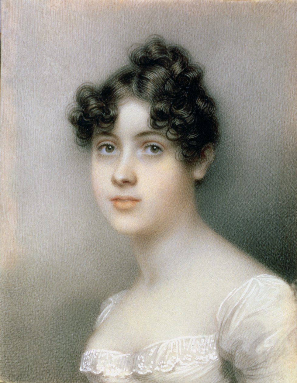 Portrettminiatyr av jente i hvit kjole, ca. 1815 av Mary Ann Knight