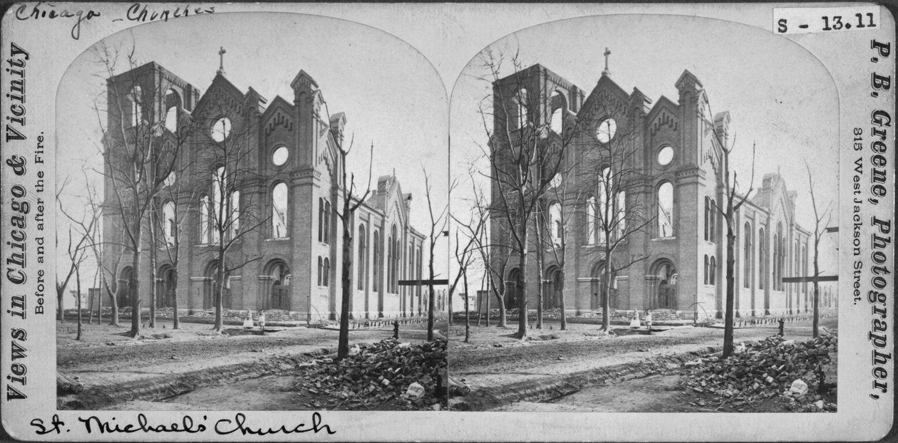 Stereograf av St. Michaels Church etter Chicago-brannen i 1871, 1871 (bw-foto på kortfeste) av Mary C. Greene