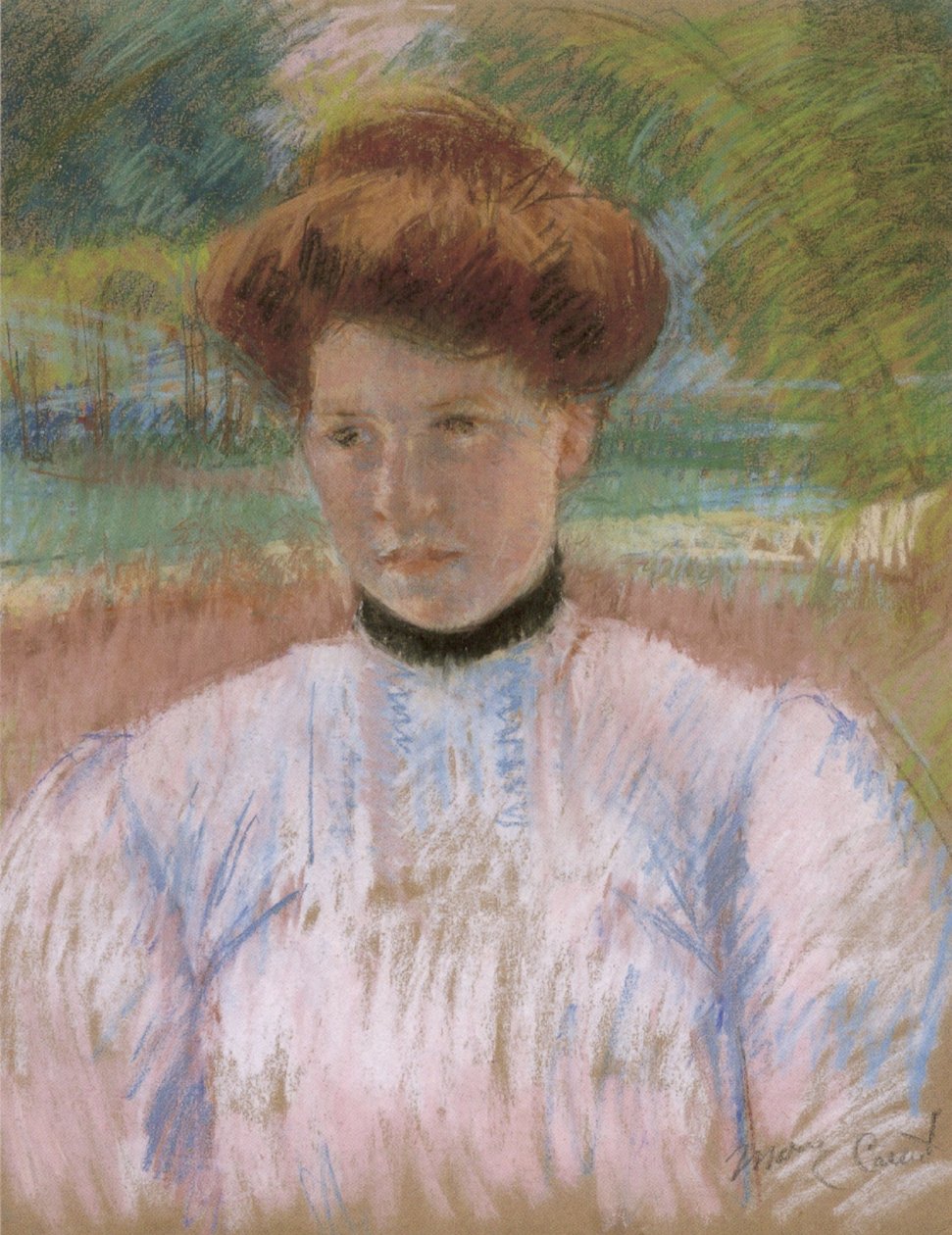 Ung kvinne med gråbrunt hår i en rosa bluse av Mary Cassatt