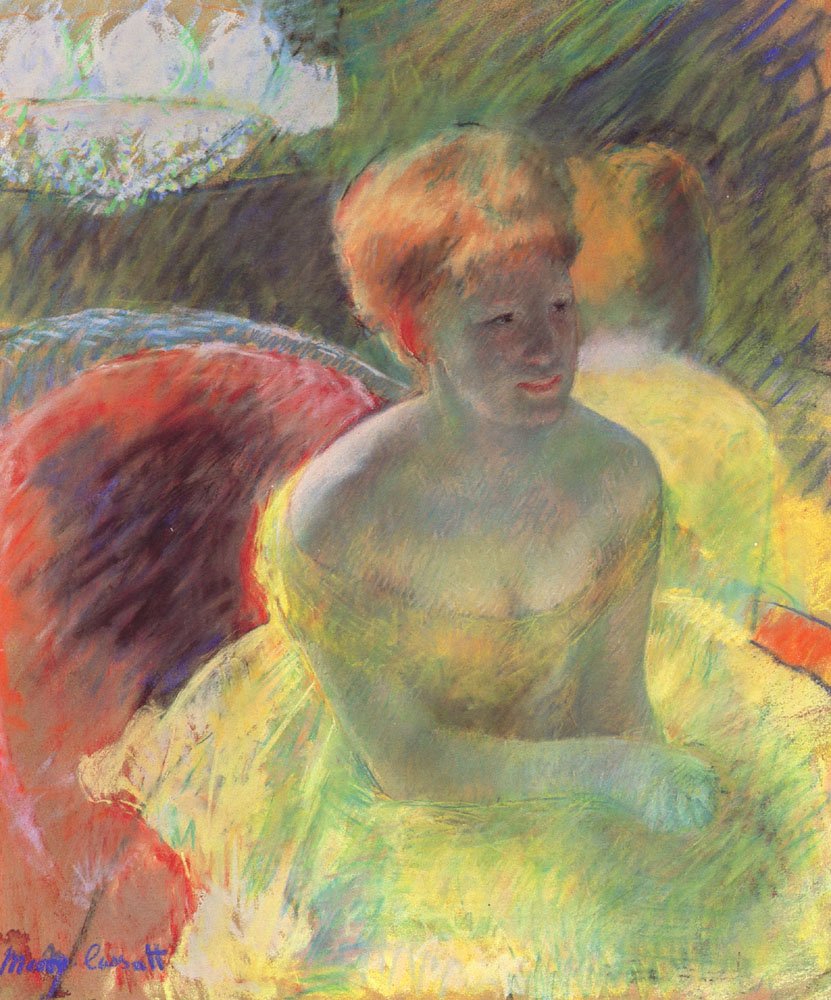 Lydia lener seg på armene i en teaterboks av Mary Cassatt
