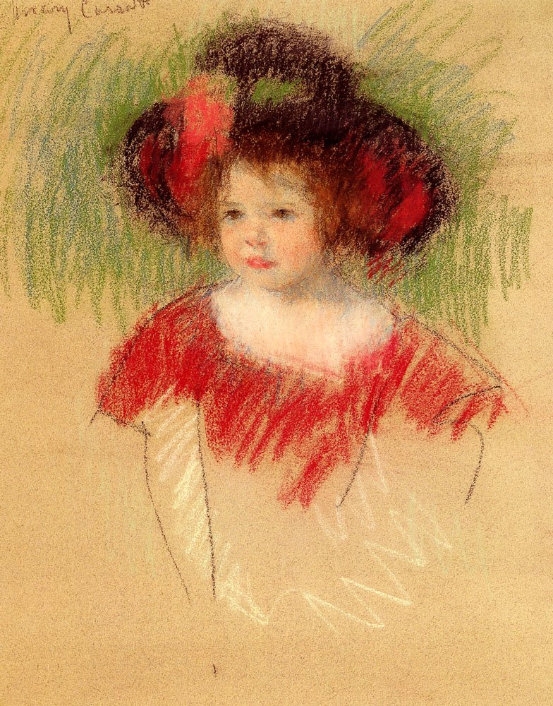 Margot i stor Bonnett og rød kjole av Mary Cassatt