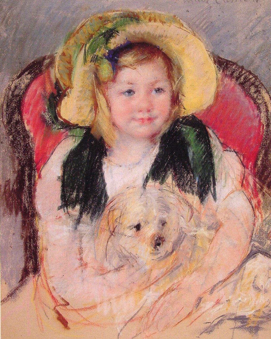 Sara med hunden sin i en lenestol av Mary Cassatt