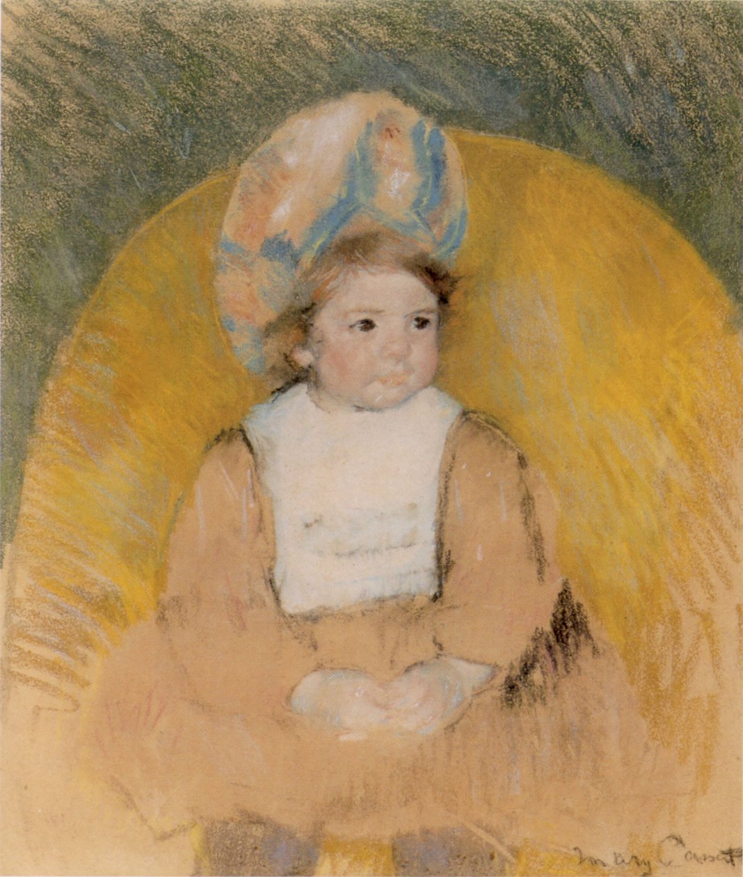 Ung jente sitter i en gul lenestol av Mary Cassatt