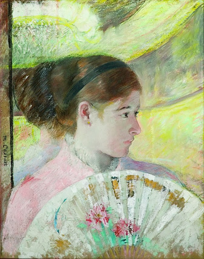 Ung dame i en loge som stirrer til høyre av Mary Cassatt