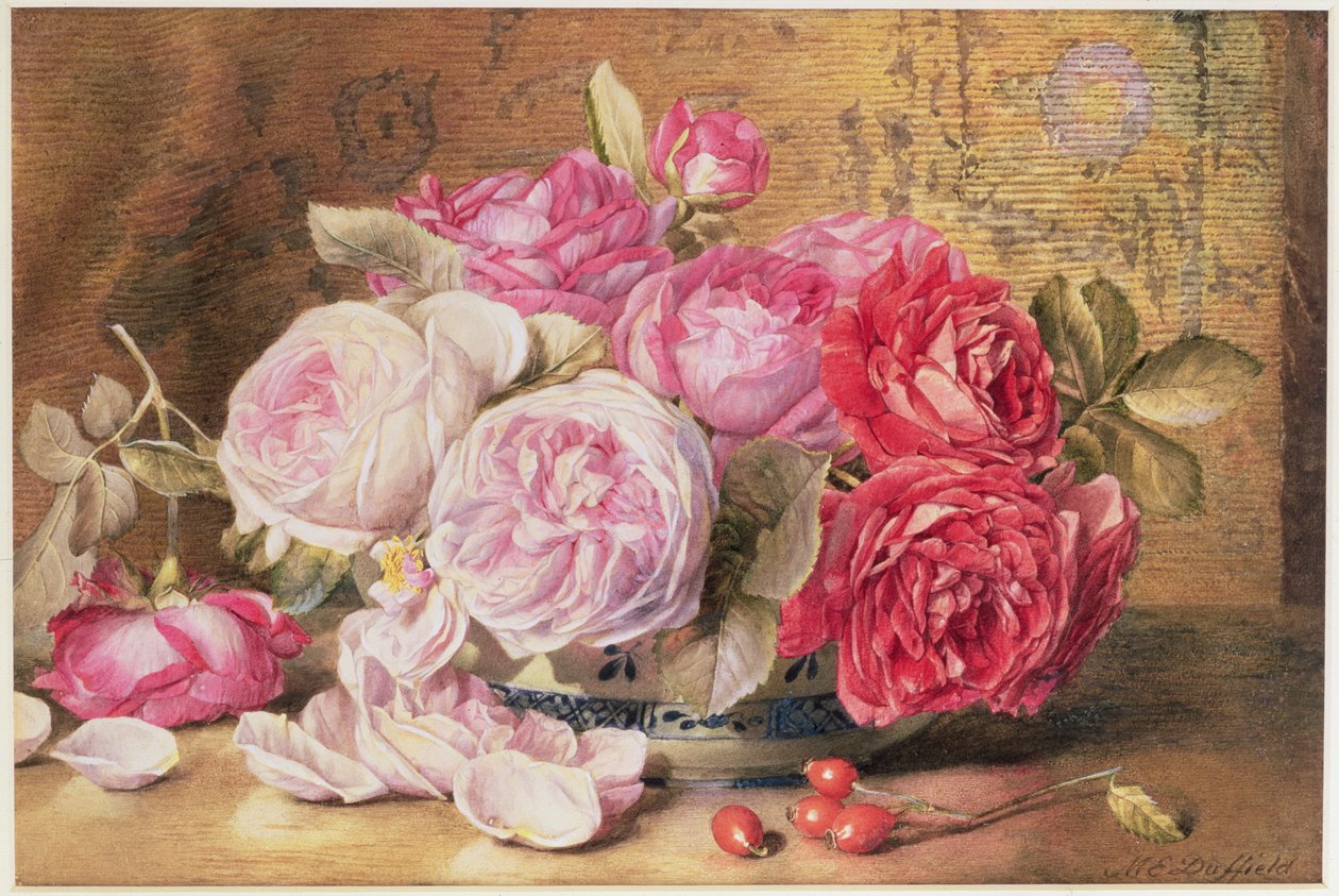 Rosa og røde roser i en bolle av Mary Elizabeth Duffield