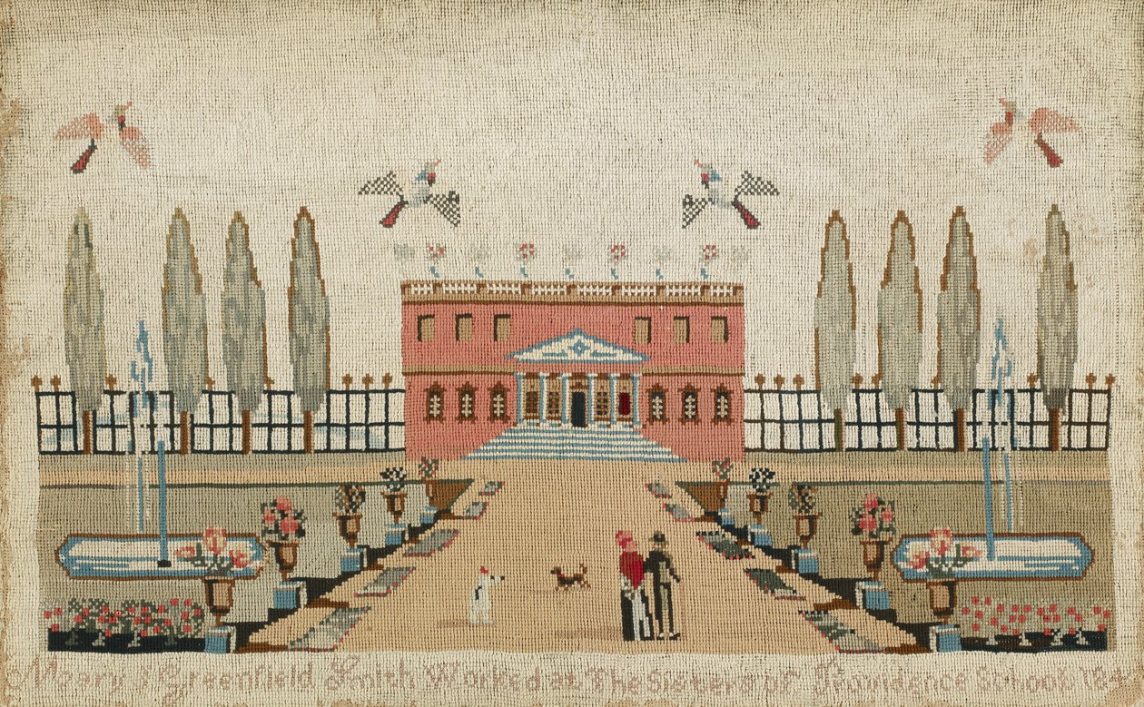 Ullarbeidsbilde, ca. 1843 (ull og silke på lin) av Mary J. Greenfield Smith