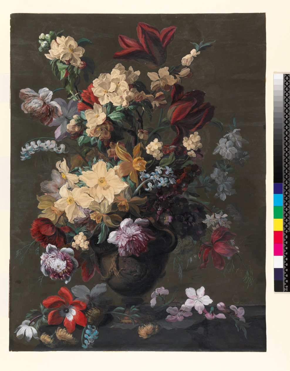 Blomster i en vase stående på en avsats (Væren), sent på 1700-tallet (penn og blekk, wc og kroppsfarge på en forberedt mørk grunn) av Mary Moser