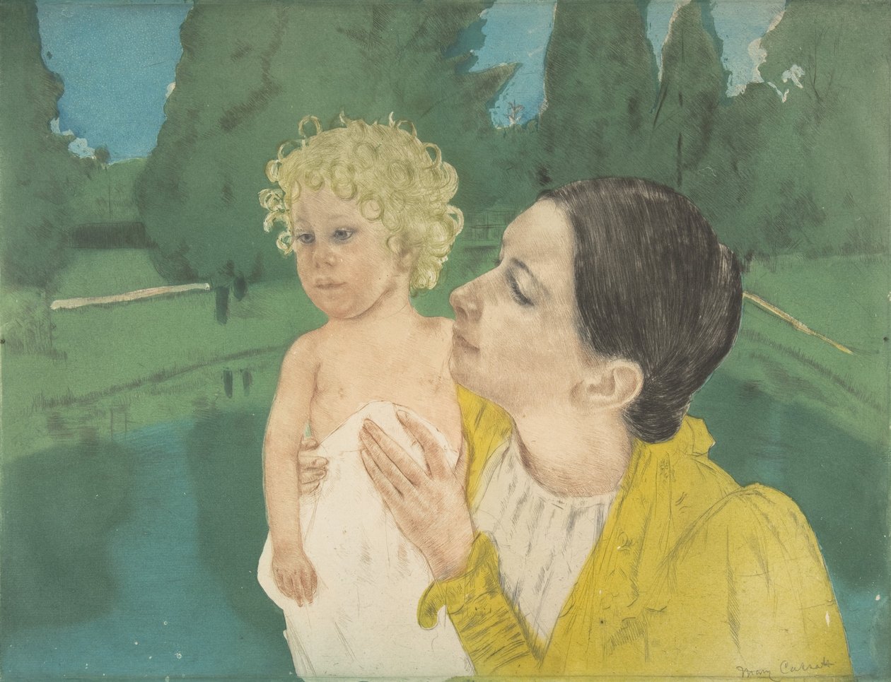 By the Pond, ca. 1896 (tørrpunkt og akvatinttrykk) av Mary Cassatt