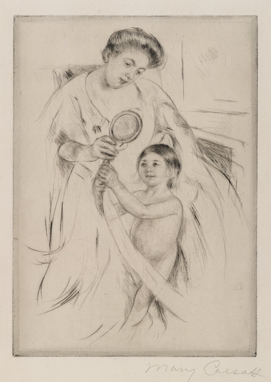 La Glace a Main, ca. 1905 (tørrpunkt på kremfarget papir) av Mary Cassatt