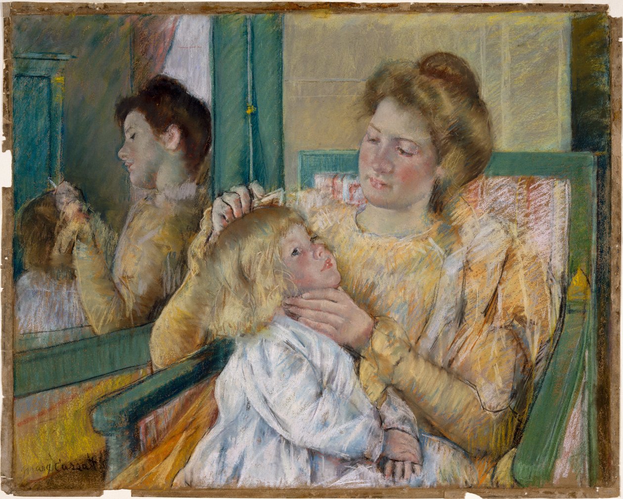 Mor som gremmer sitt barns hår, ca. 1901 (pastell på grått papir) av Mary Cassatt