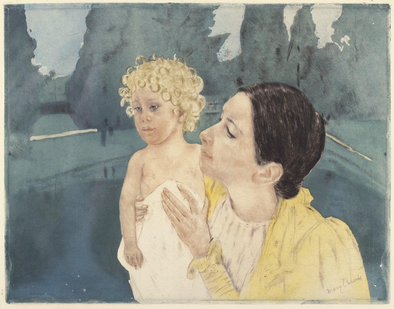 Mor og barn før et basseng, 1898 (tørrnopp og akvatint på lagt papir) av Mary Cassatt