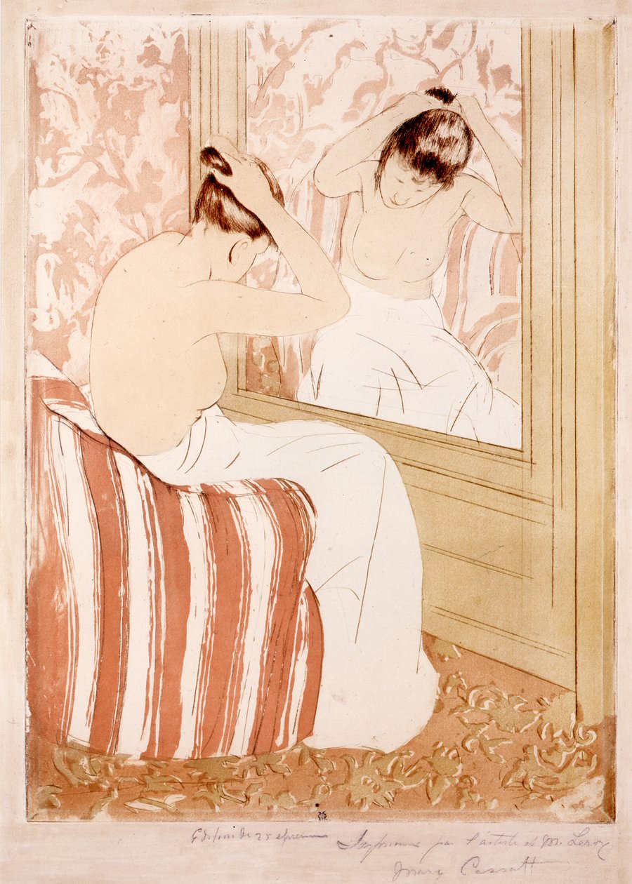 The Coiffure (blekk og kull på papir) av Mary Cassatt