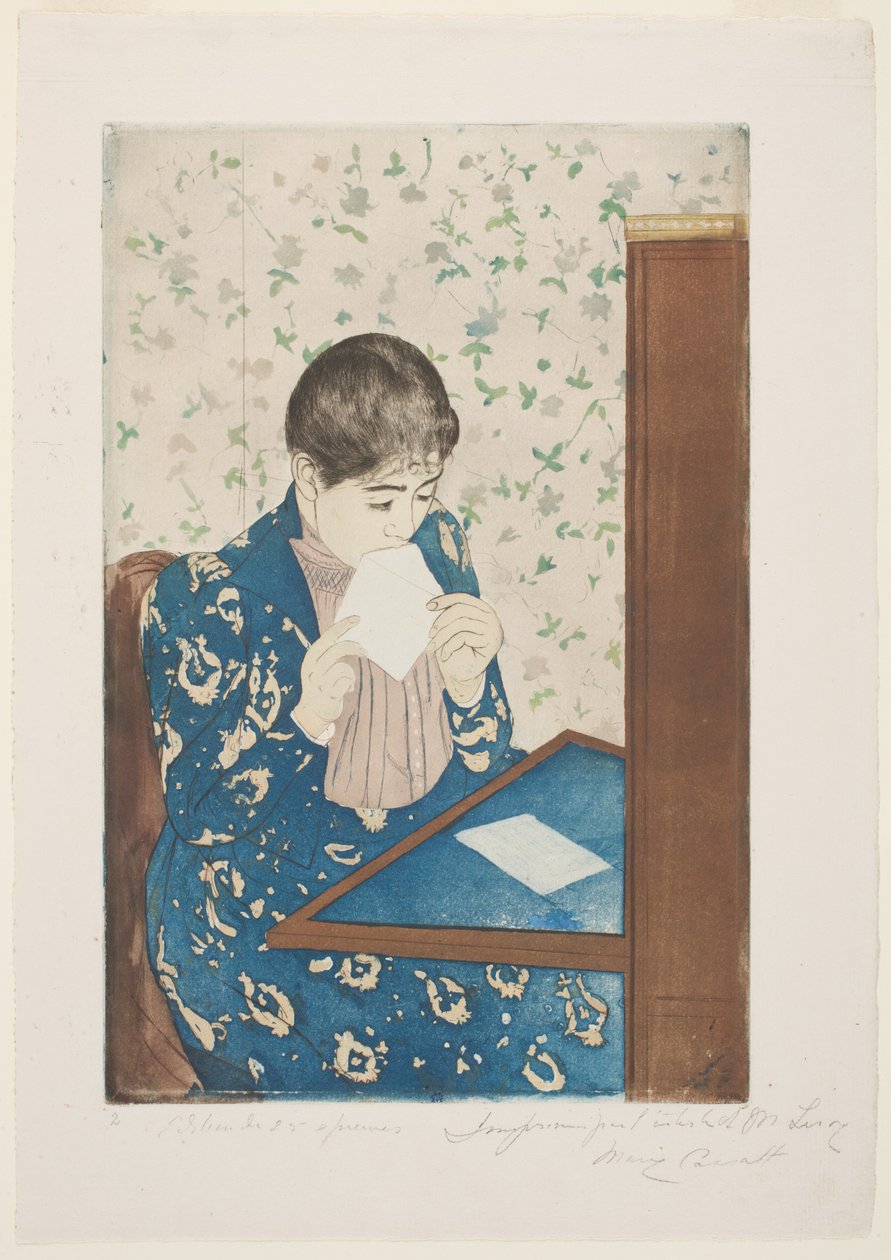 The Letter, 1890-91 (tørrnopp og akvatint på papir) av Mary Cassatt