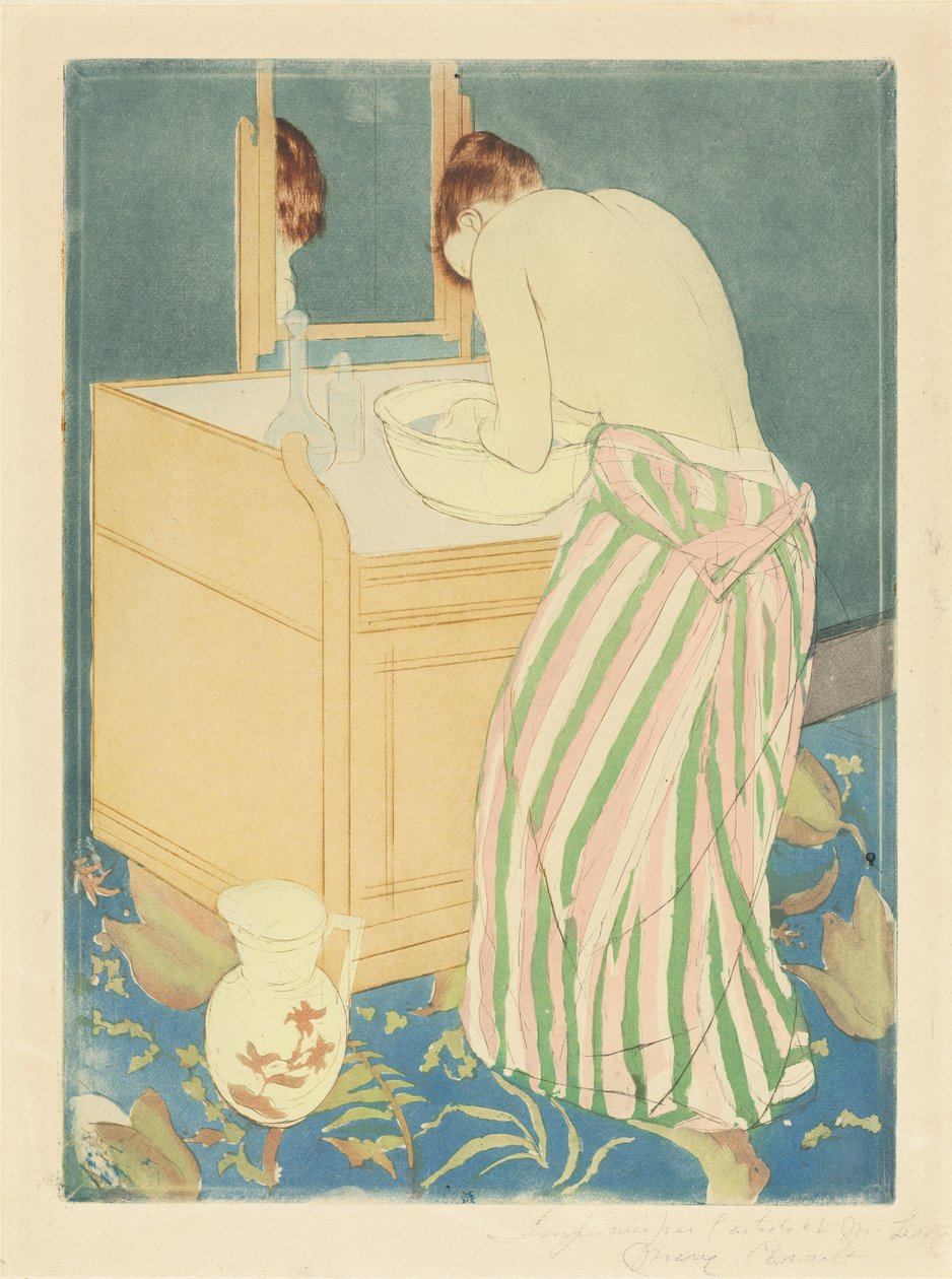 Kvinnebading, 1890-1 (farge tørrnipp og akvatint på tungt lagt papir) av Mary Cassatt