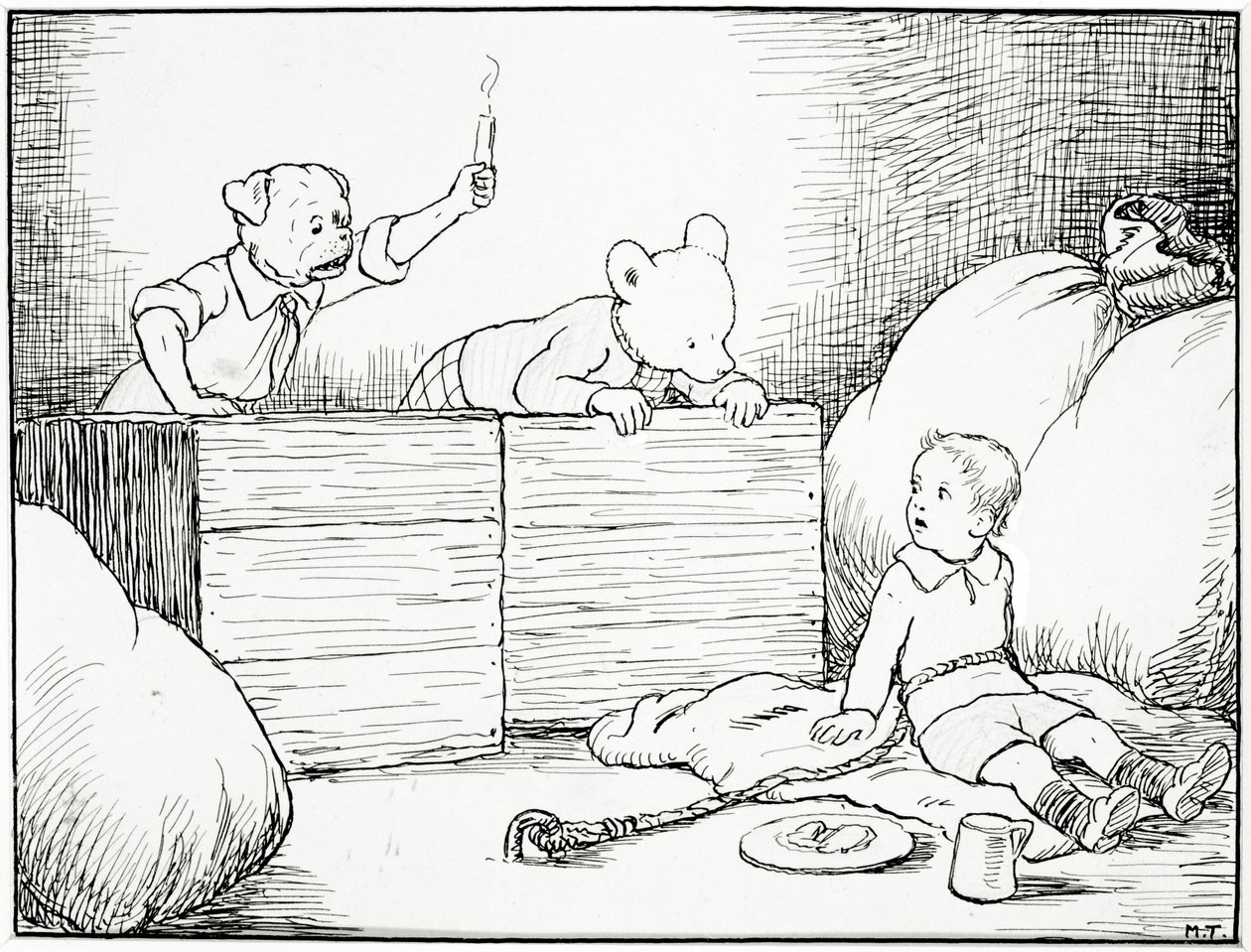 De så en liten gutt oppvendt ansikt stirre på dem i redsel, illustrasjon fra Rupert Bear Goes Hiking, pub. av Marston & Co., London, 1920-tallet (penn og blekk, fargestift på papir) av Mary Tourtel