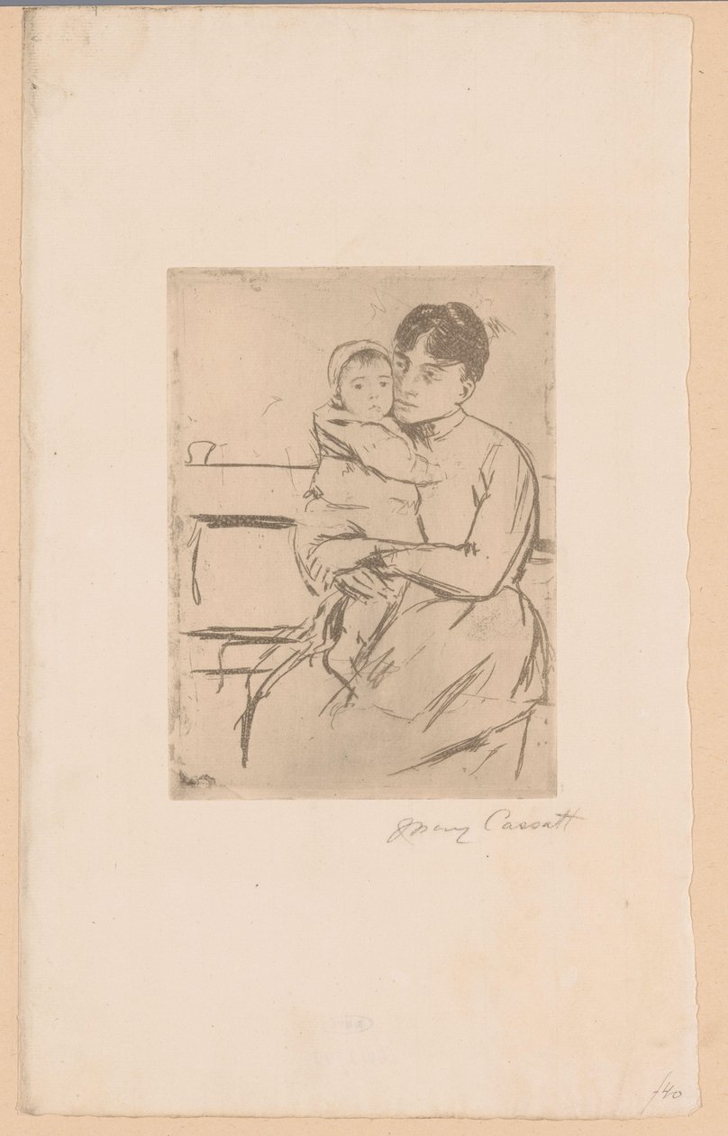 I banken Mor og barn På benken (tittel på objekt) av Mary Cassatt (signed by artist)