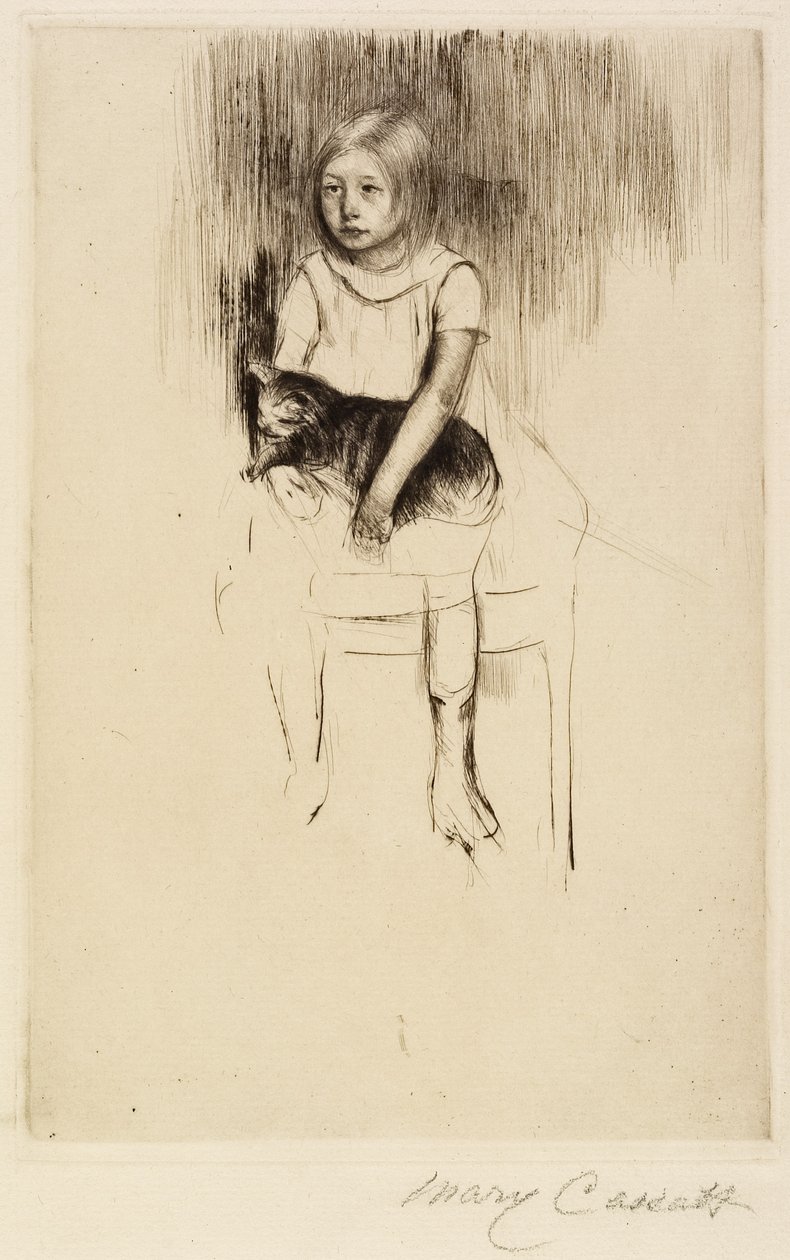 Ellen holder en katt, ser til venstre, ca. 1887 av Mary Cassatt