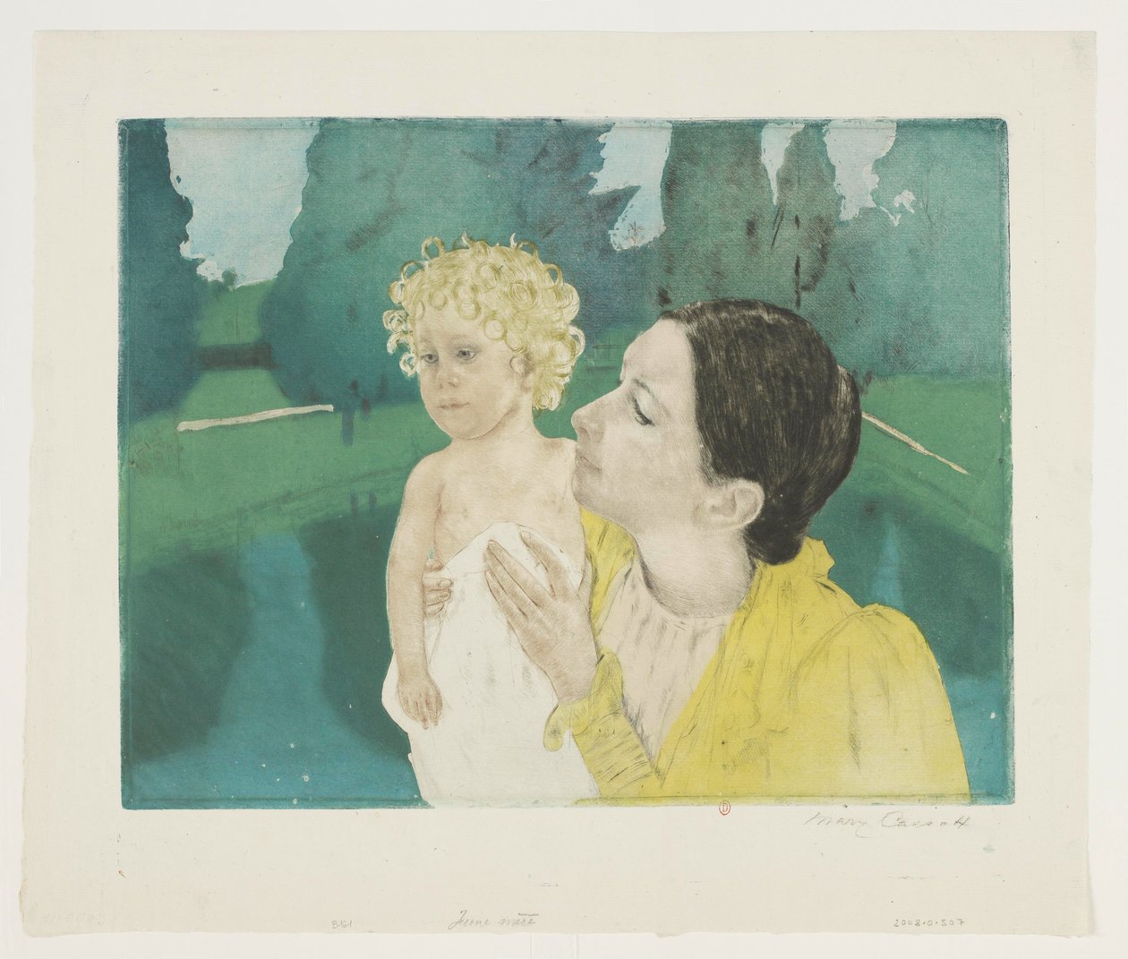 Ung mor i en park foran et basseng av Mary Cassatt