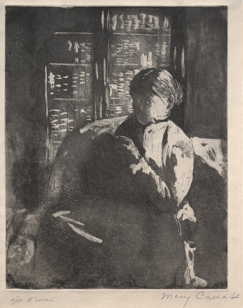 Strikking i biblioteket, ca. 1881. av Mary Cassatt