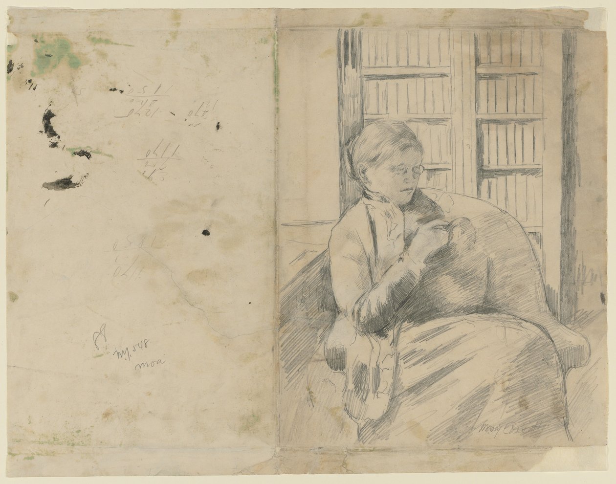 Knitting in the Library recto, Knitting in the Library verso, ca. 1881. av Mary Cassatt