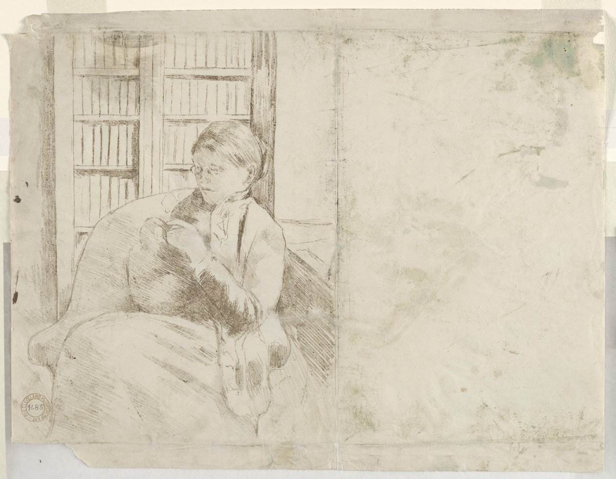 Strikking i biblioteket verso, ca. 1881. av Mary Cassatt