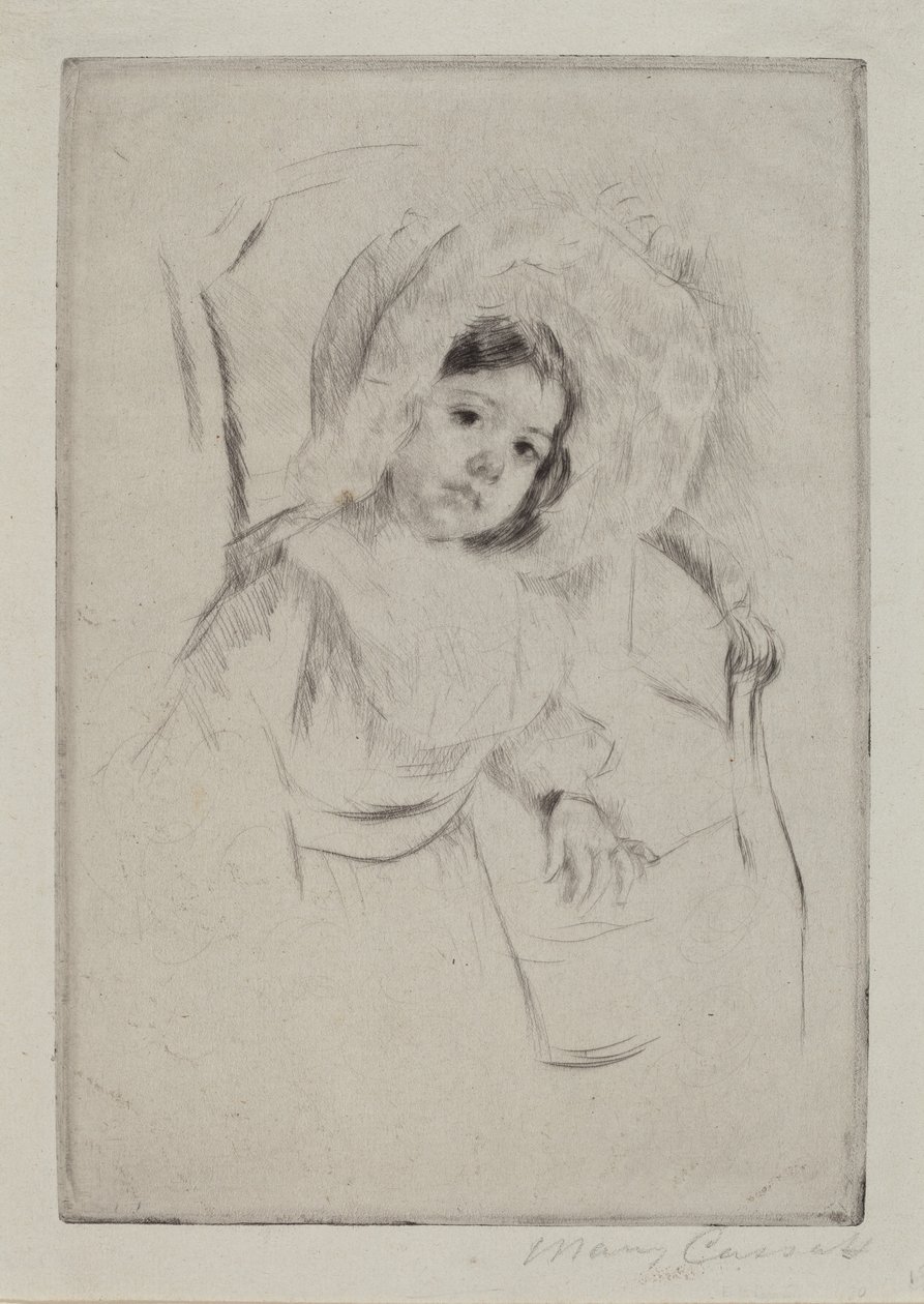 Margot i en floppy panser lener seg mot en stol av Mary Cassatt