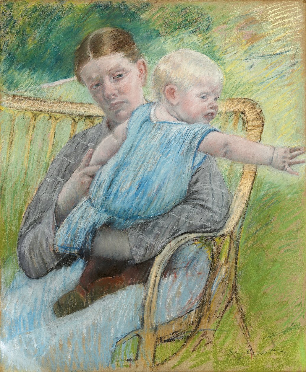 Mathilde holder en baby som strekker seg til høyre, ca. 1889 av Mary Cassatt