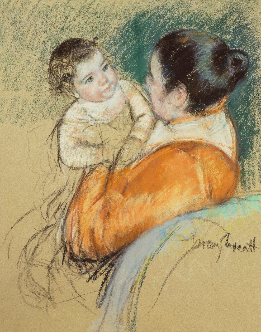 Mor Louise holder opp sitt blåøyde barn, av Mary Cassatt