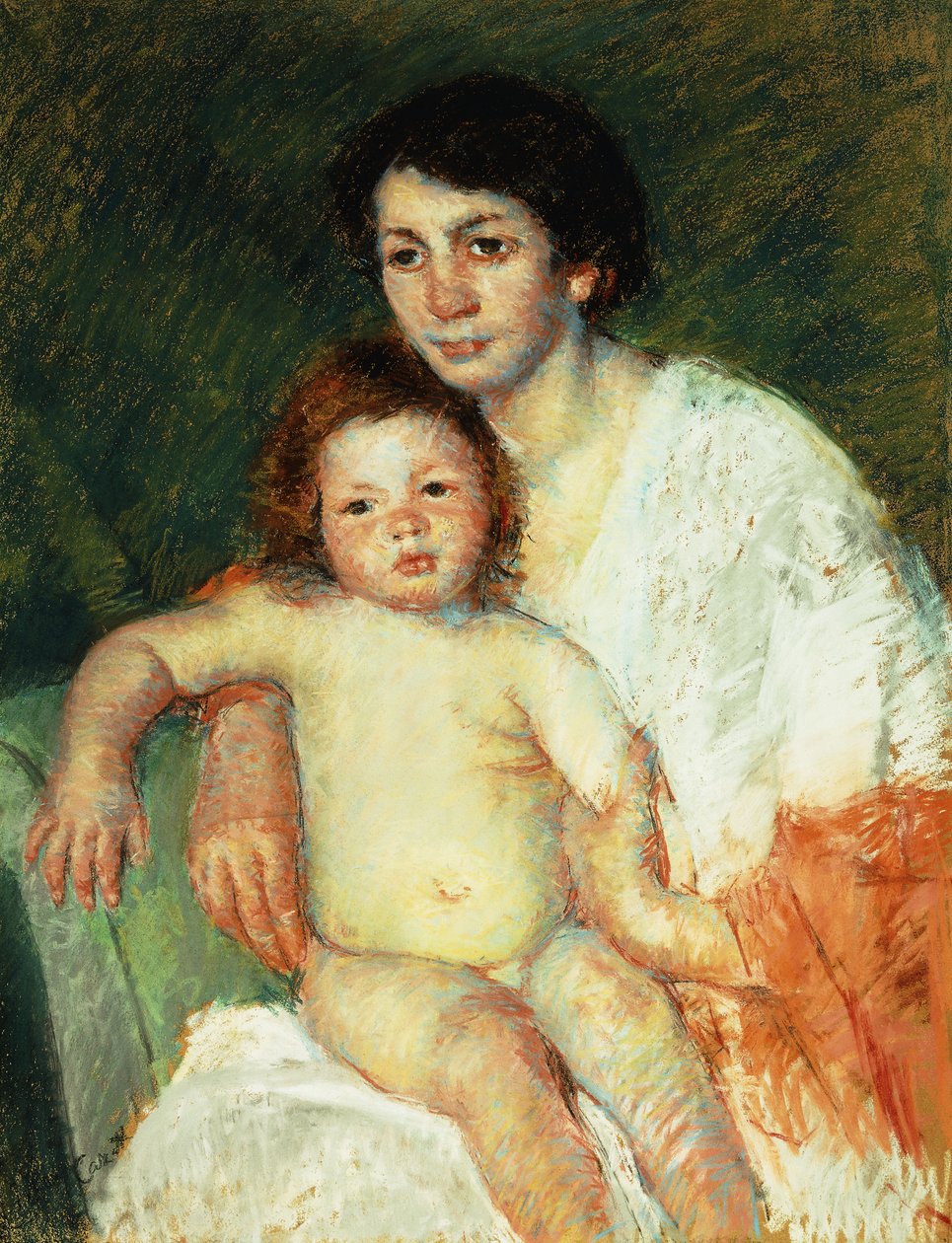 Naken baby på mors fang hviler høyre arm på stolryggen, 1913 av Mary Cassatt