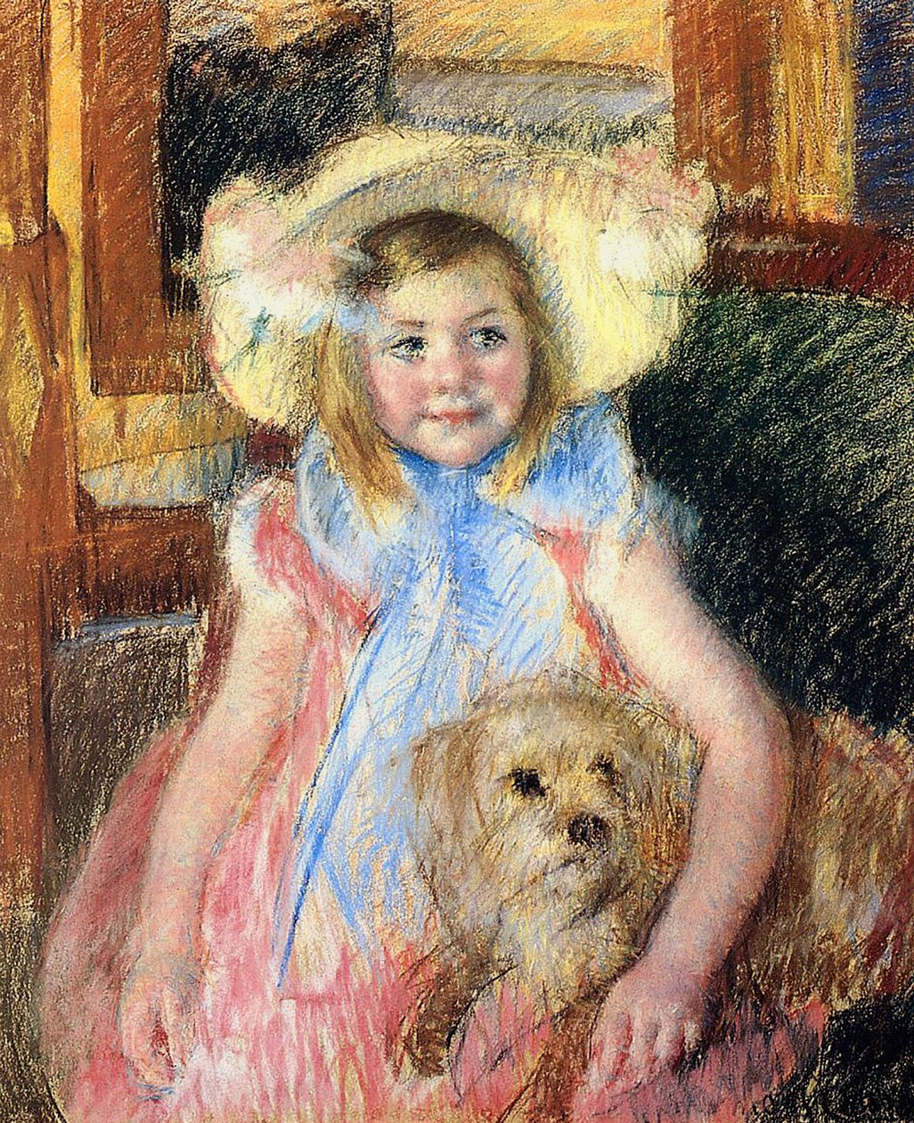 Sara i en stor blomstret hatt, ser rett ut, holder hunden sin, ca. 1901 (pastell på papir) av Mary Cassatt