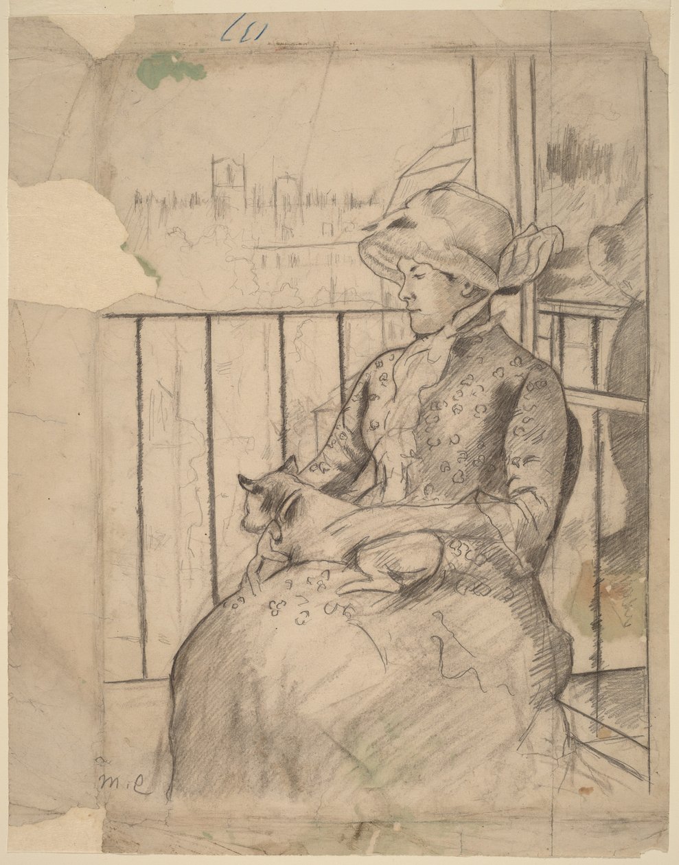 Susan på en balkong med en hund [forside] av Mary Cassatt