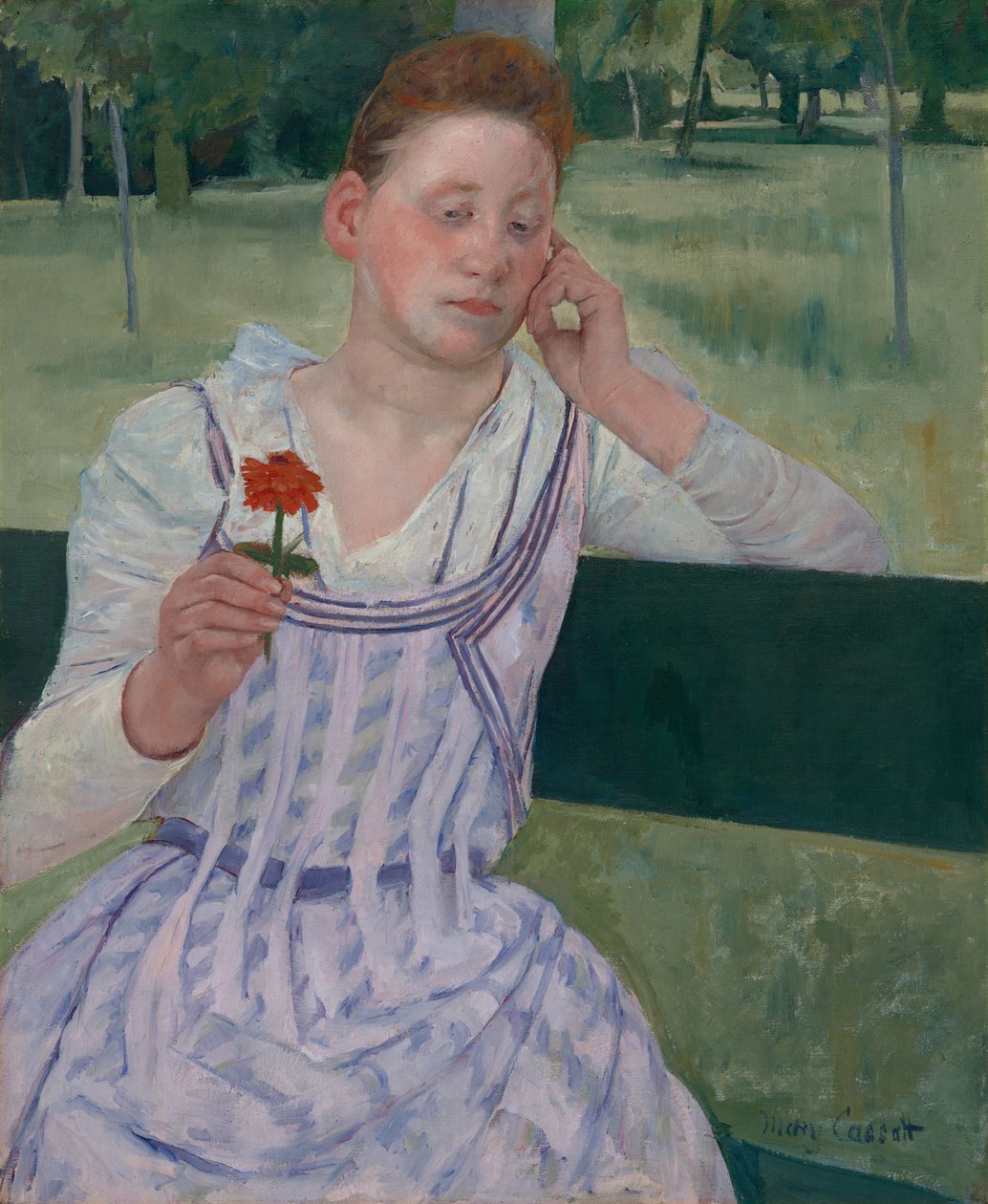 Kvinne med en rød zinnia (Drømmeri) av Mary Cassatt