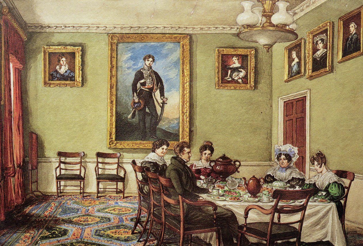 Spisesal i Langton Hall, familie til frokost, ca. 1832-3 av Mary Ellen Best