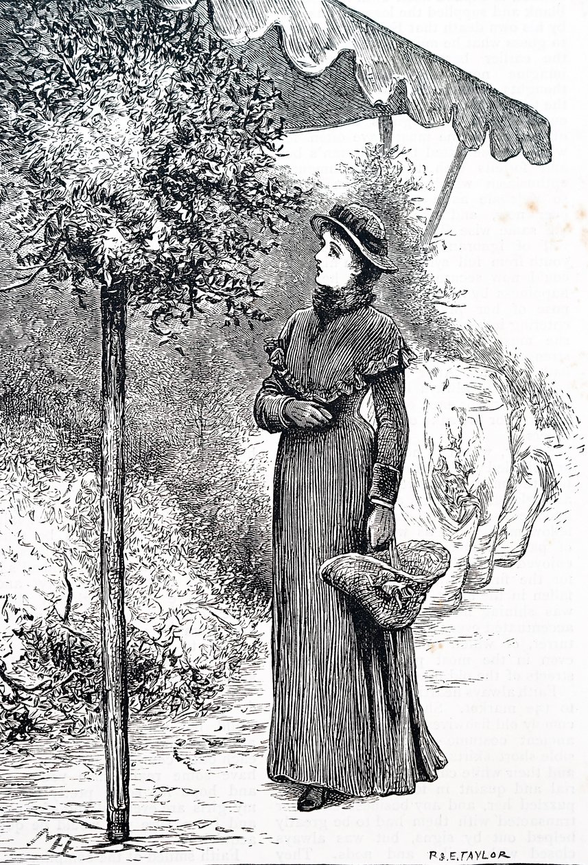 En kvinne som kjøper kristtorn for å bruke til julepynt. Av Mary Ellen Edwards (1838-1934), en engelsk kunstner av Mary Ellen Edwards
