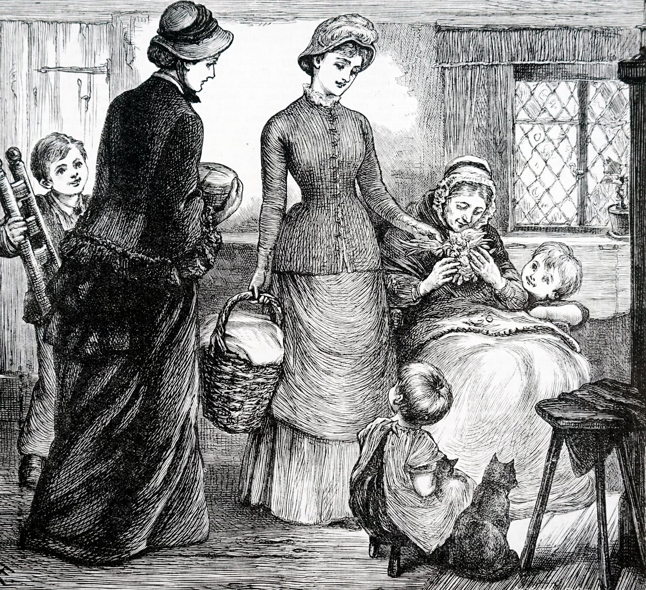En kvinne som gir gaver til en fattig hyttemann. Av Mary Ellen Edwards (1838-1934), en engelsk kunstner av Mary Ellen Edwards
