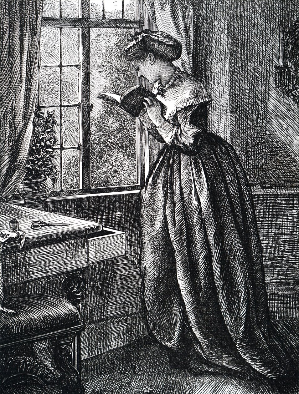 En ung kvinne som leser ved et åpent vindu. av Mary Ellen Edwards
