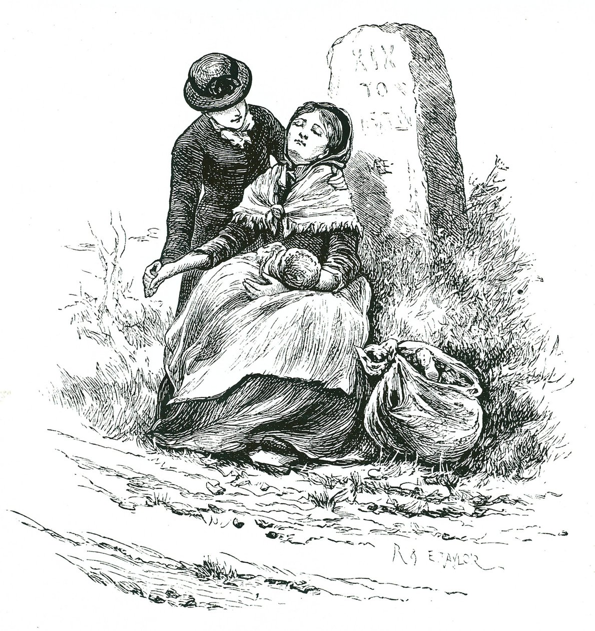 En nødlidende, ugift mor ble funnet utslitt på vei til Workhouse med babyen sin. Scene som minner om en Thomas Hardy-roman, men en ikke uvanlig i landlige områder over hele landet. Illustrasjon av Mary Ellen Edwards c1881. av Mary Ellen Edwards