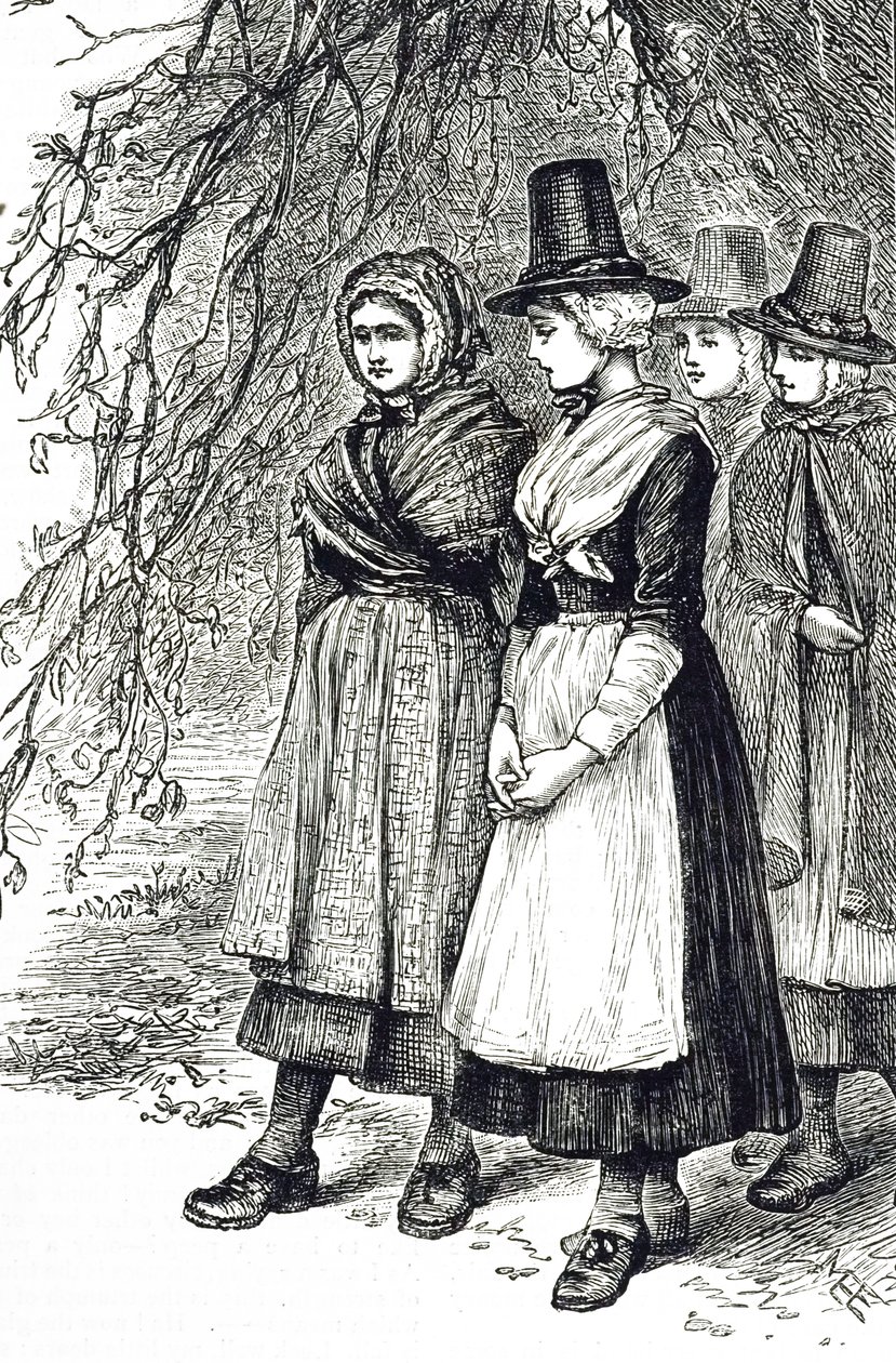 En gravering som viser walisiske jenter på en Hollantide-messe, en ansettelsesmesse, som venter på å bli engasjert som hushjelp. Illustrert av Mary Ellen Edwards (1838-1934), en engelsk kunstner og illustratør av barnebøker av Mary Ellen Edwards