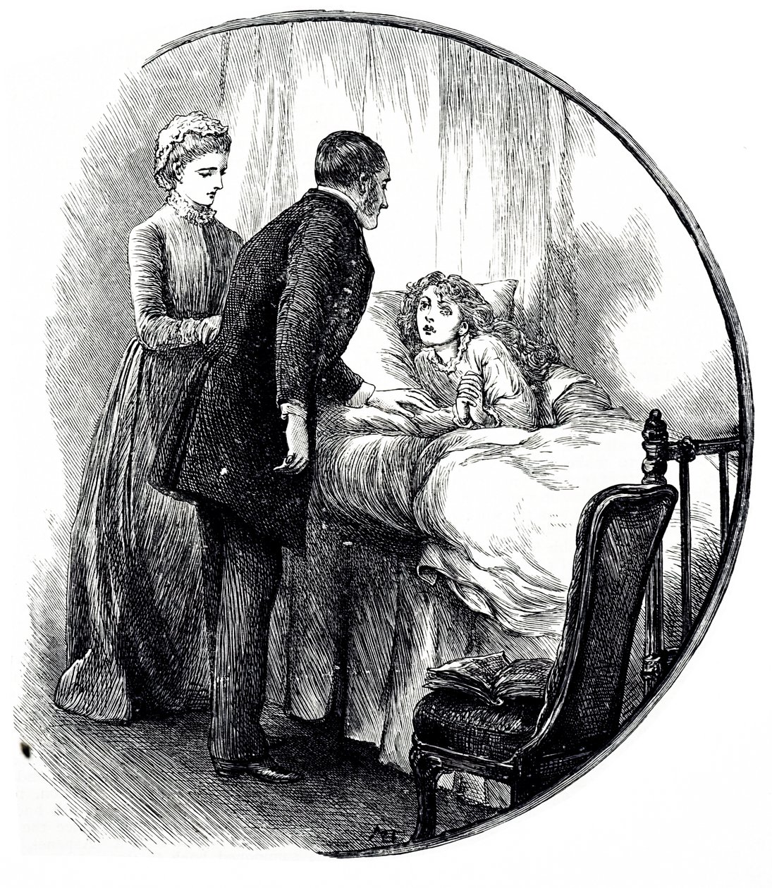 En gravering som viser en lege som besøker sin unge pasient hjemme. Illustrert av Mary Ellen Edwards (1838-1934), en engelsk kunstner og produktiv illustratør av barnebøker av Mary Ellen Edwards